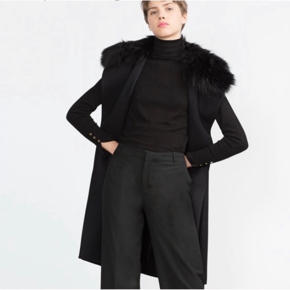 Zara Black Faux Fur Collar Wool Long Vest Gem